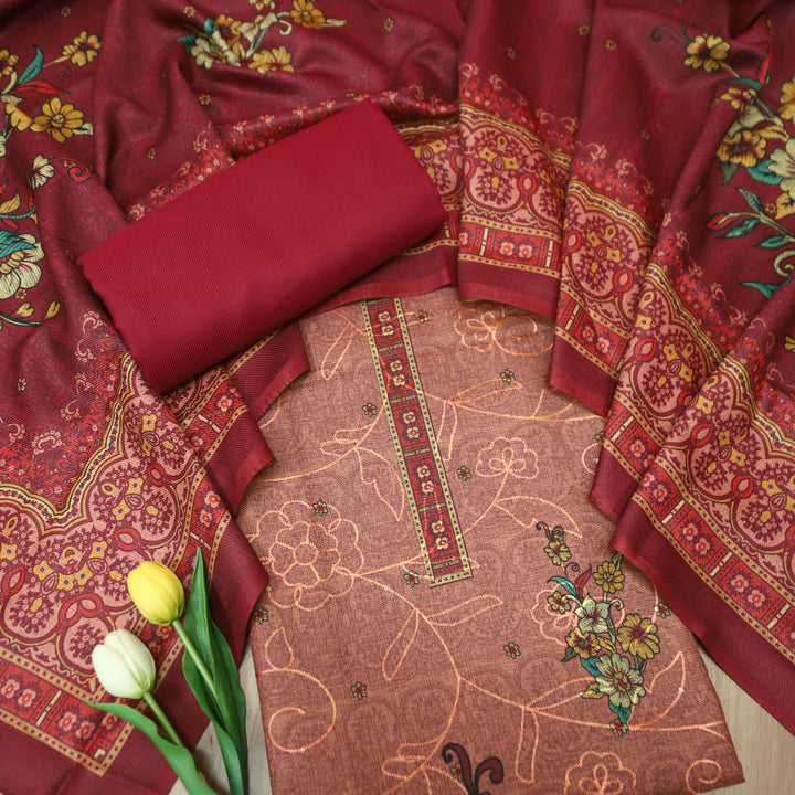 गुलकंद Cranberry PInk Floral Print Hemline with Thread Weaved Semi Pashmina Winter Set