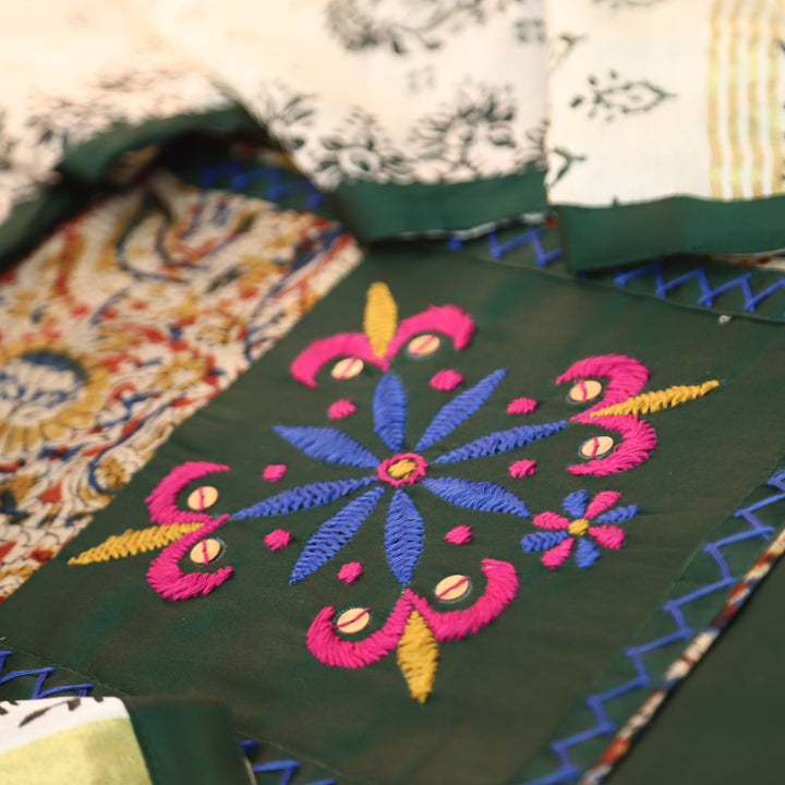 Palak Green Thread with Mirror Work Kalamkari Print Yoke Glazed Cotton Set