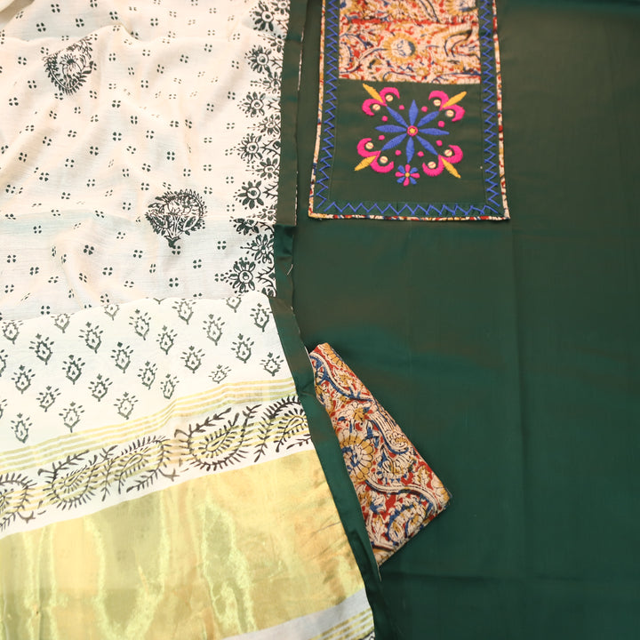 Palak Green Thread with Mirror Work Kalamkari Print Yoke Glazed Cotton Set