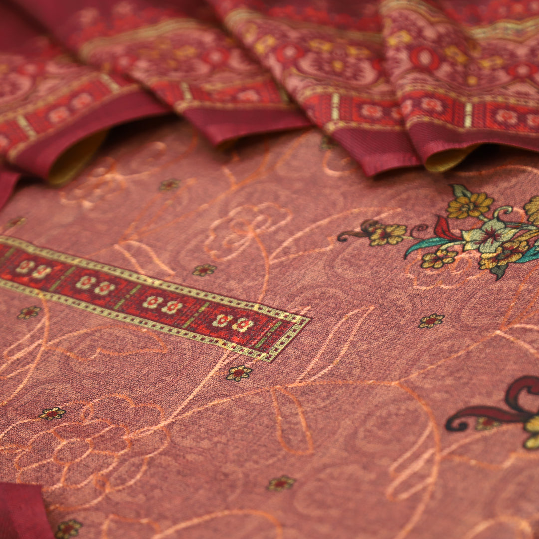 गुलकंद Cranberry PInk Floral Print Hemline with Thread Weaved Semi Pashmina Winter Set