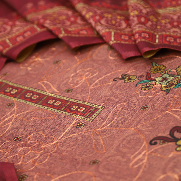 गुलकंद Cranberry PInk Floral Print Hemline with Thread Weaved Semi Pashmina Winter Set