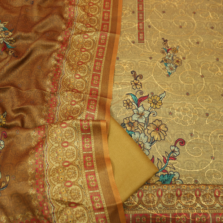 गुलकंद Dijon Yellow Floral Print Hemline with Thread Weaved Semi Pashmina Winter Set