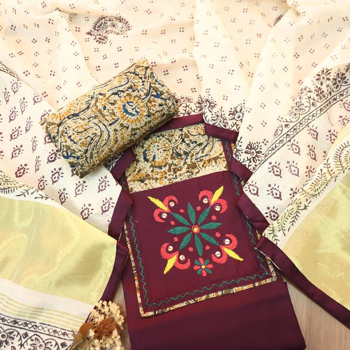 Palak Wine Thread with Mirror Work Kalamkari Print Yoke Glazed Cotton Set