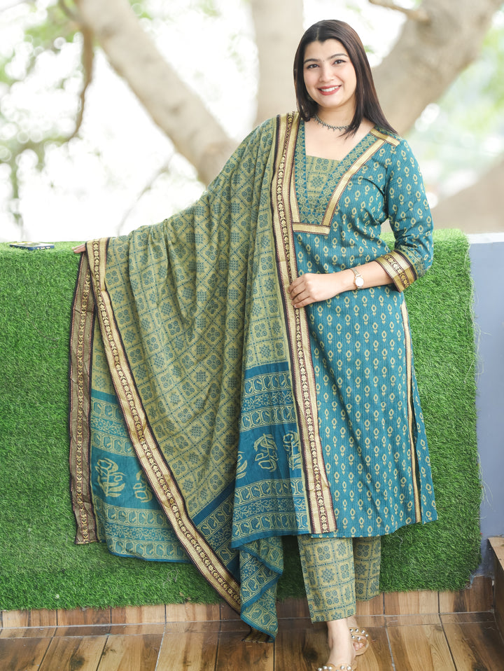 Nancy Aqua Teal V Neck with Mangalgiri Patch Kantha Printed South Cotton 3 Piece Set