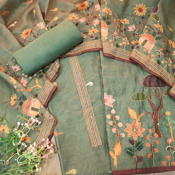 Maya Vintage Green Digital Printed Kantha Embroidery Hem Chanderi Suit Set