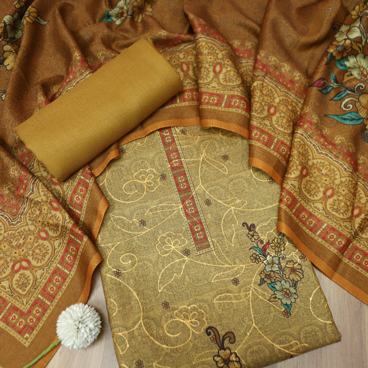 गुलकंद Dijon Yellow Floral Print Hemline with Thread Weaved Semi Pashmina Winter Set