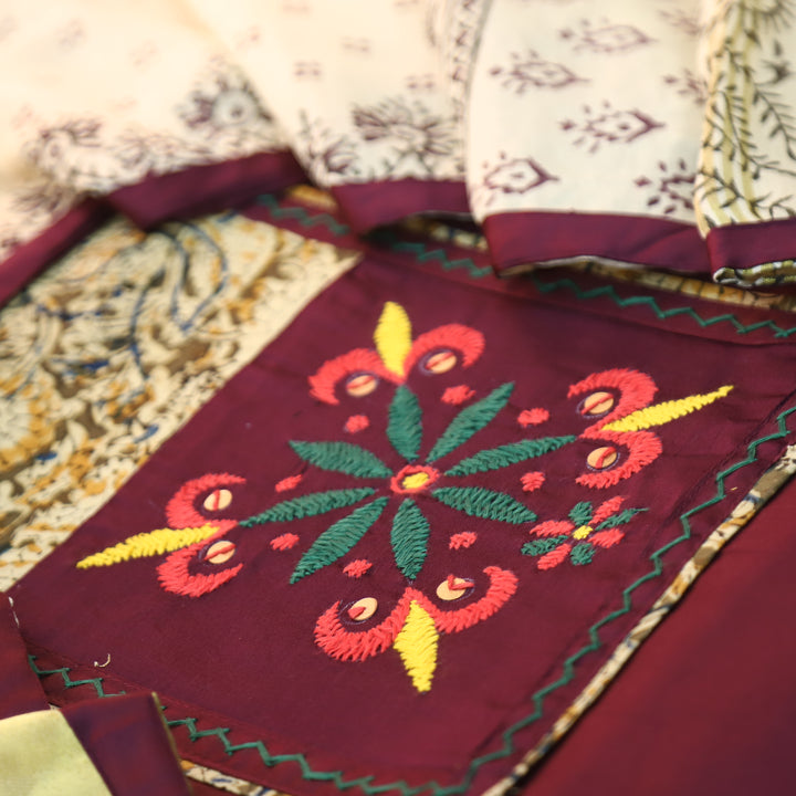 Palak Wine Thread with Mirror Work Kalamkari Print Yoke Glazed Cotton Set