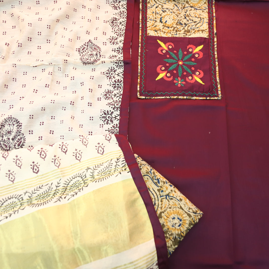 Palak Wine Thread with Mirror Work Kalamkari Print Yoke Glazed Cotton Set