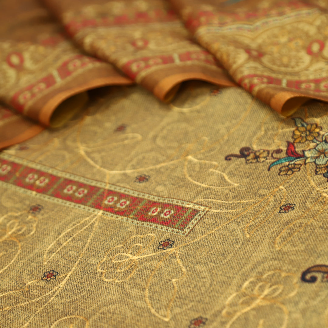 गुलकंद Dijon Yellow Floral Print Hemline with Thread Weaved Semi Pashmina Winter Set