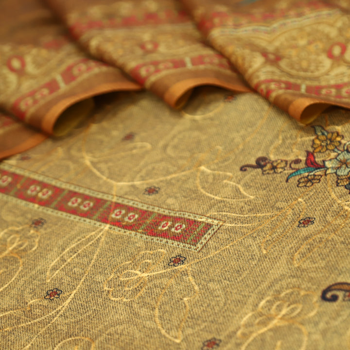 गुलकंद Dijon Yellow Floral Print Hemline with Thread Weaved Semi Pashmina Winter Set