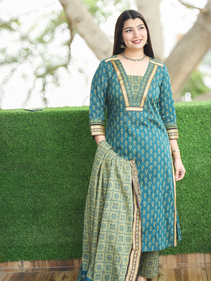 Nancy Aqua Teal V Neck with Mangalgiri Patch Kantha Printed South Cotton 3 Piece Set