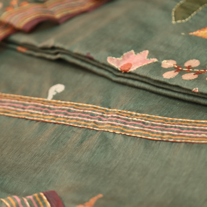 Maya Vintage Green Digital Printed Kantha Embroidery Hem Chanderi Suit Set