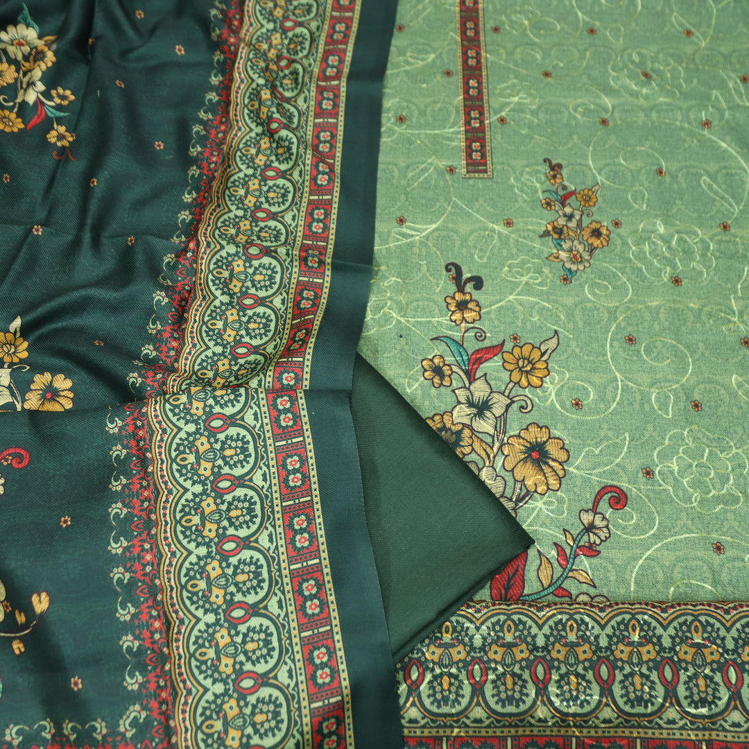 गुलकंद Fern Green Floral Print Hemline with Thread Weaved Semi Pashmina Winter Set