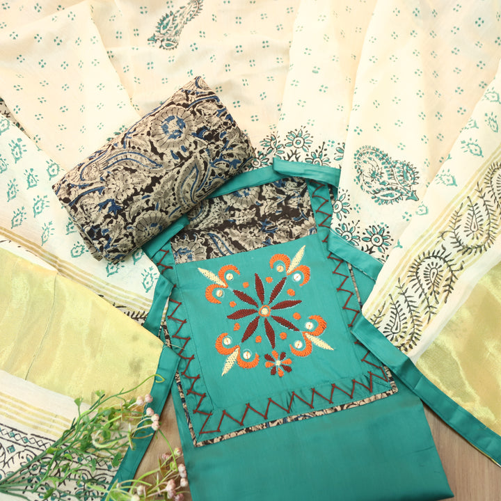 Palak Turquoise Thread with Mirror Work Kalamkari Print Yoke Glazed Cotton Set