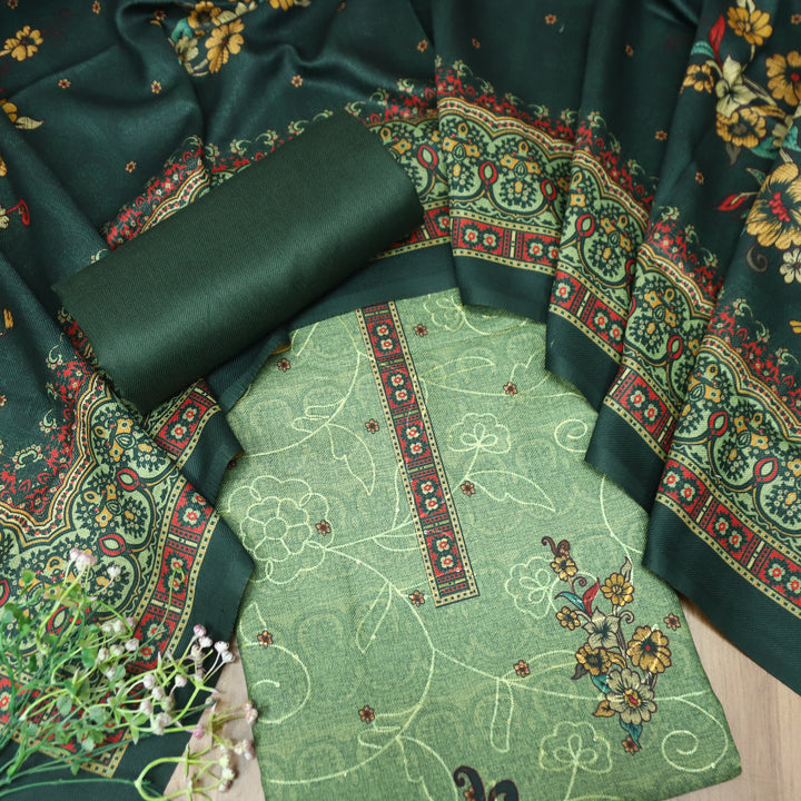 गुलकंद Fern Green Floral Print Hemline with Thread Weaved Semi Pashmina Winter Set