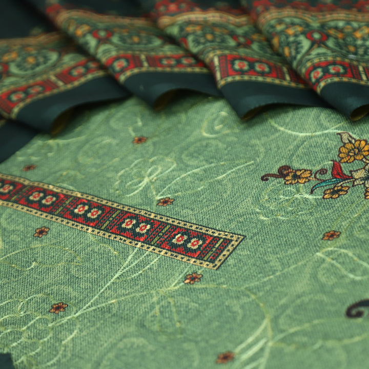 गुलकंद Fern Green Floral Print Hemline with Thread Weaved Semi Pashmina Winter Set