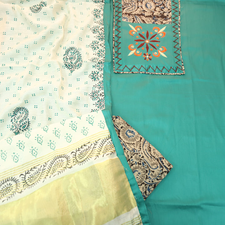 Palak Turquoise Thread with Mirror Work Kalamkari Print Yoke Glazed Cotton Set