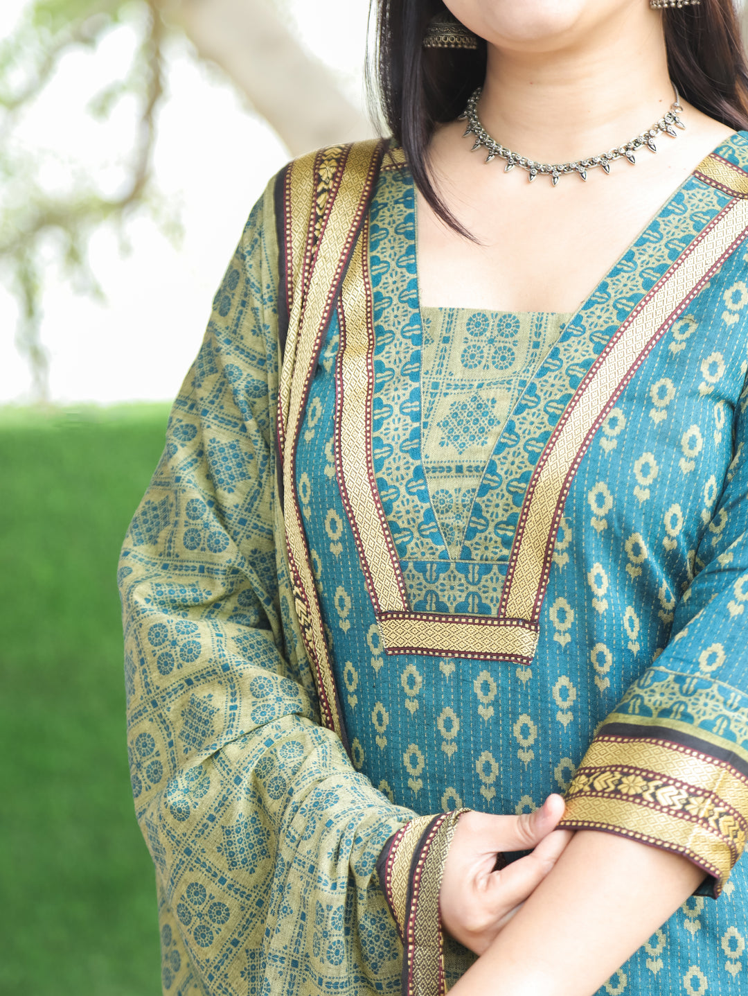 Nancy Aqua Teal V Neck with Mangalgiri Patch Kantha Printed South Cotton 3 Piece Set