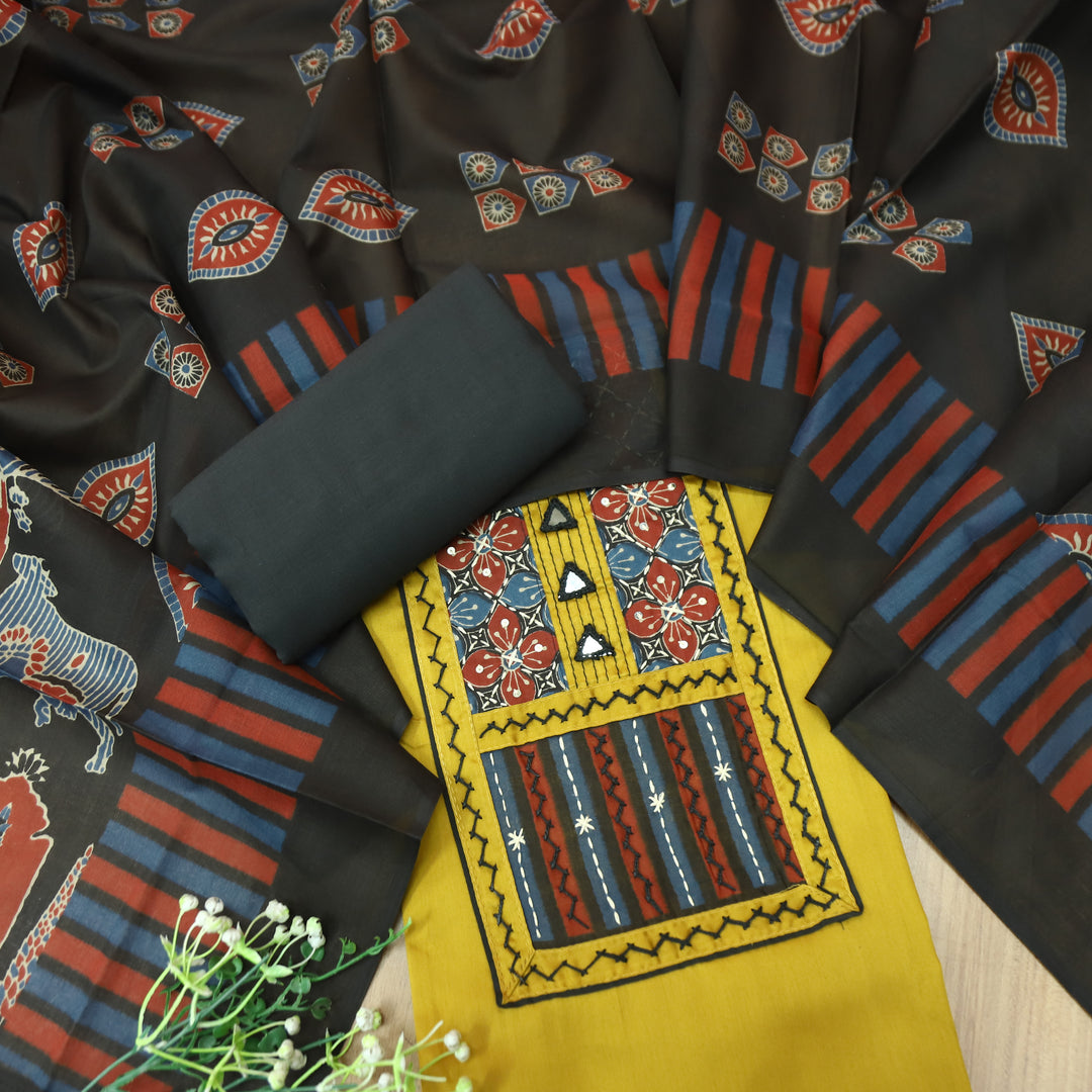 Rashi Yellow Kutch Yoke with Mirror Work Glazed Cotton Set