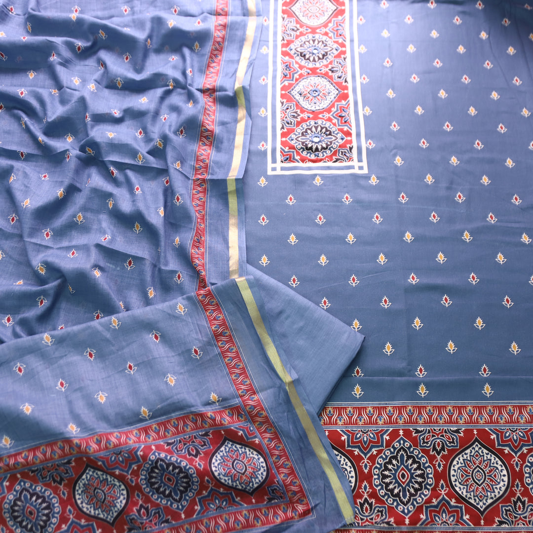 Riyanshi Greish Blue Ajrak Printed Neck and Hem Jam Cotton Set