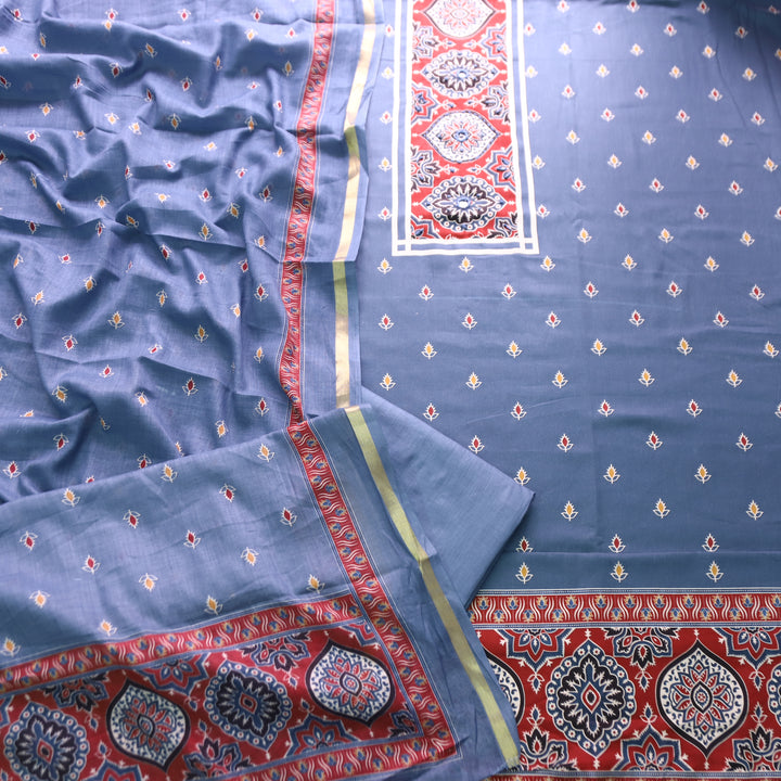 Riyanshi Greish Blue Ajrak Printed Neck and Hem Jam Cotton Set
