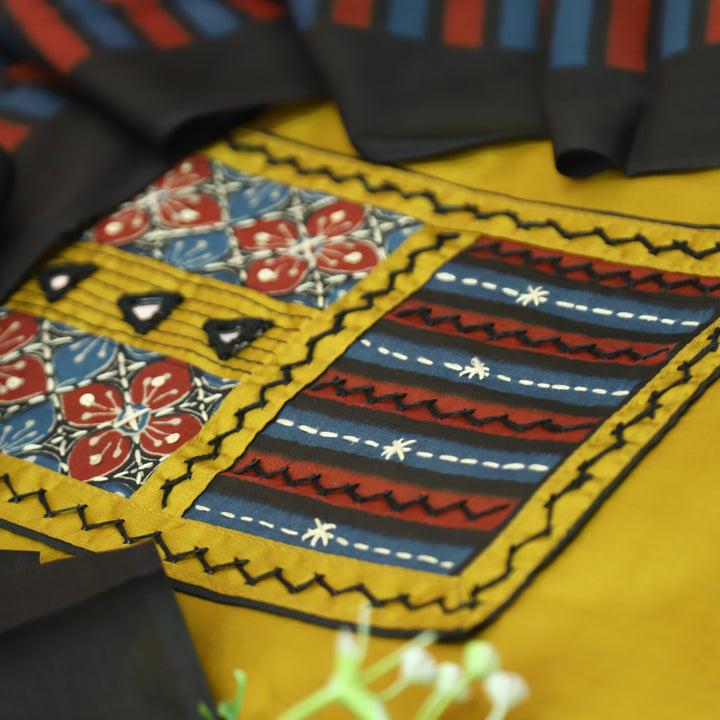 Rashi Yellow Kutch Yoke with Mirror Work Glazed Cotton Set