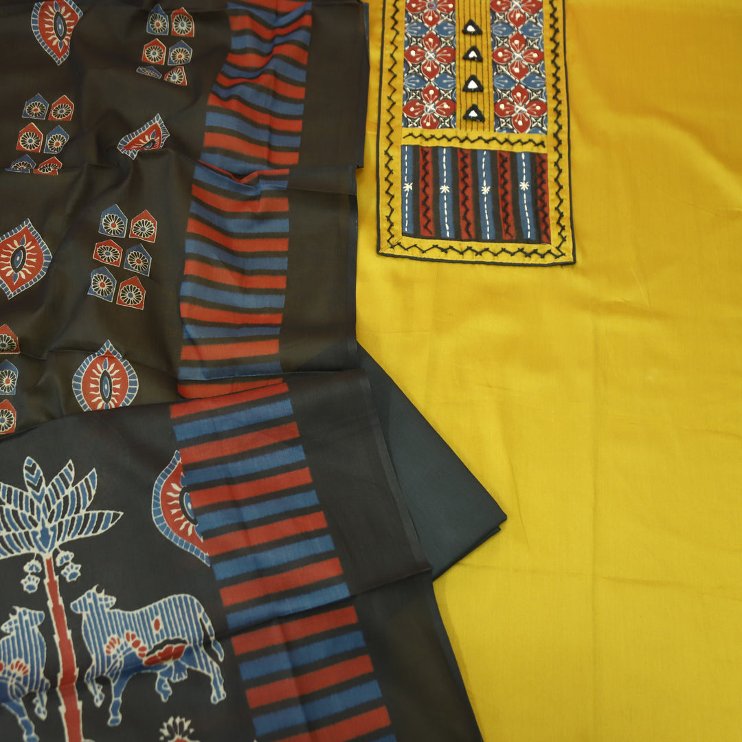 Rashi Yellow Kutch Yoke with Mirror Work Glazed Cotton Set
