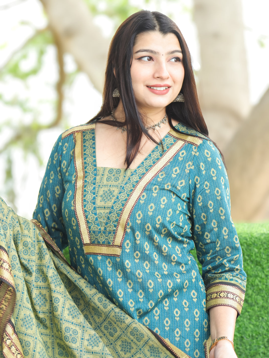 Nancy Aqua Teal V Neck with Mangalgiri Patch Kantha Printed South Cotton 3 Piece Set
