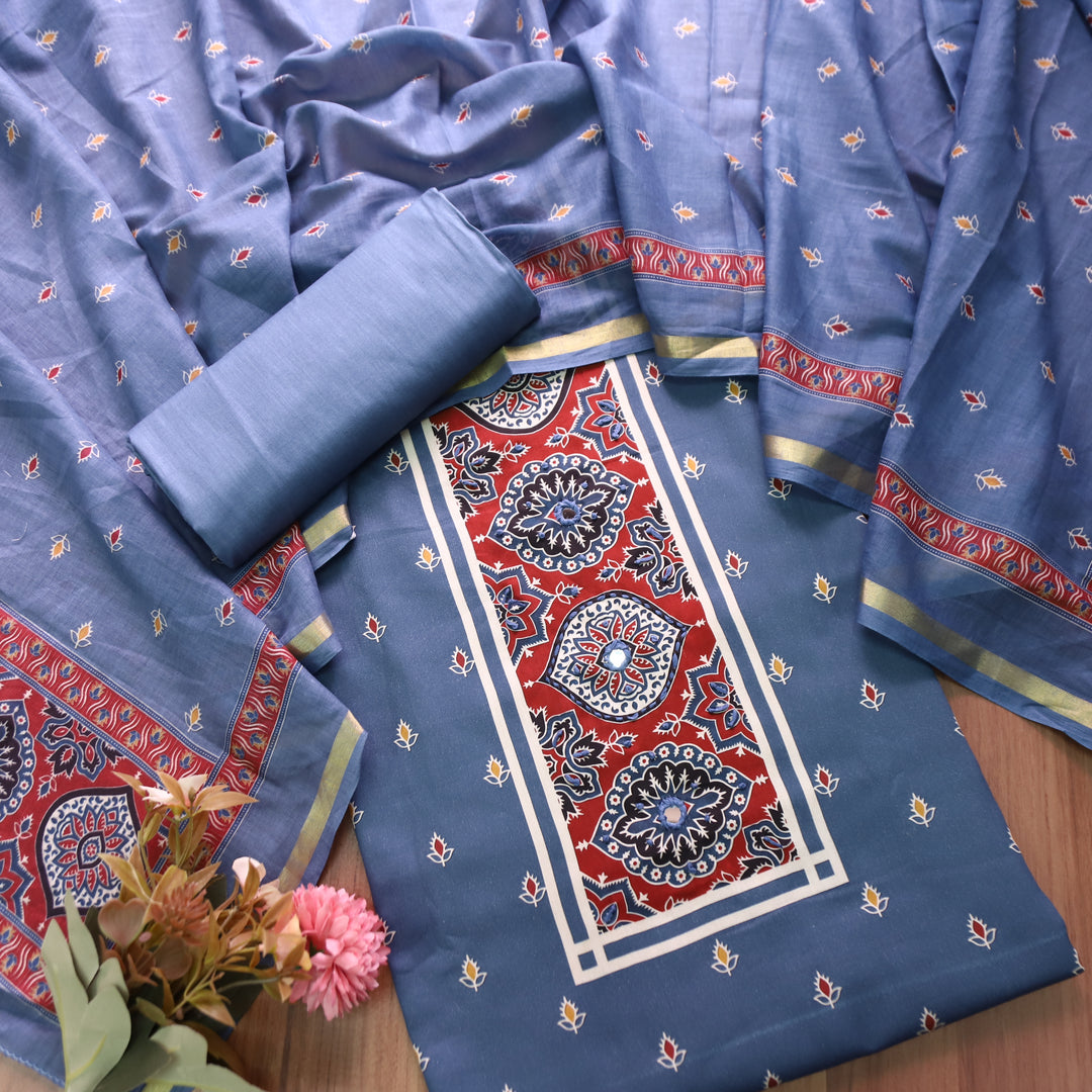 Riyanshi Greish Blue Ajrak Printed Neck and Hem Jam Cotton Set