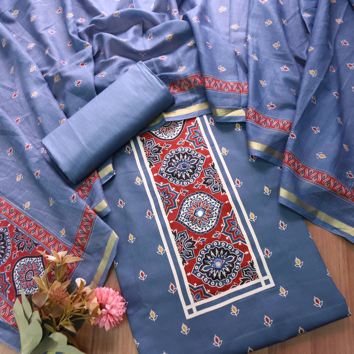 Riyanshi Greish Blue Ajrak Printed Neck and Hem Jam Cotton Set