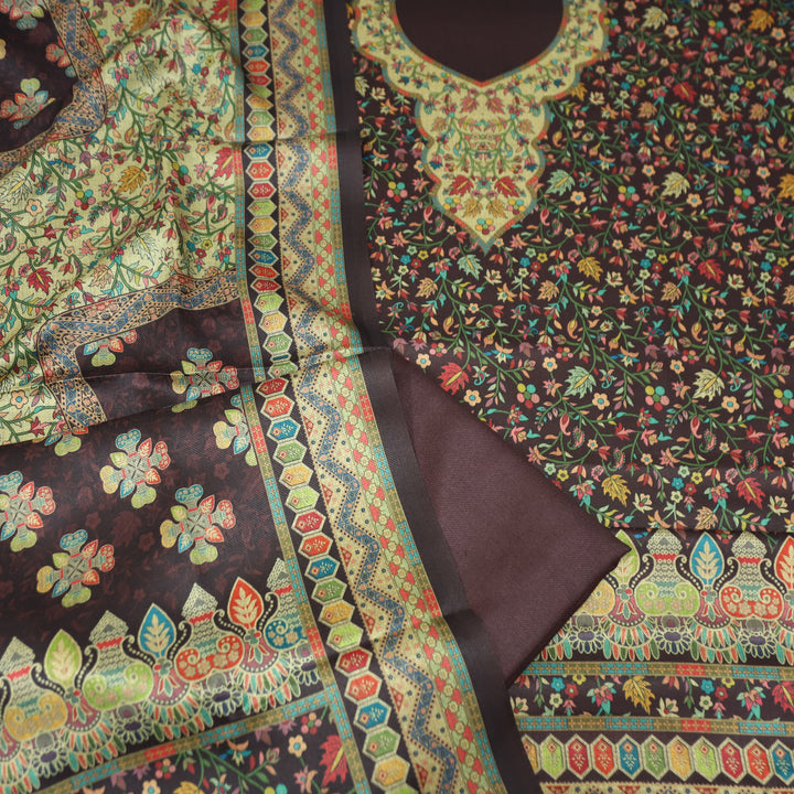 सिन्दूरी Chocolate Brown Digital Kashmiri Printed Semi Pashmina Winter Suit Set
