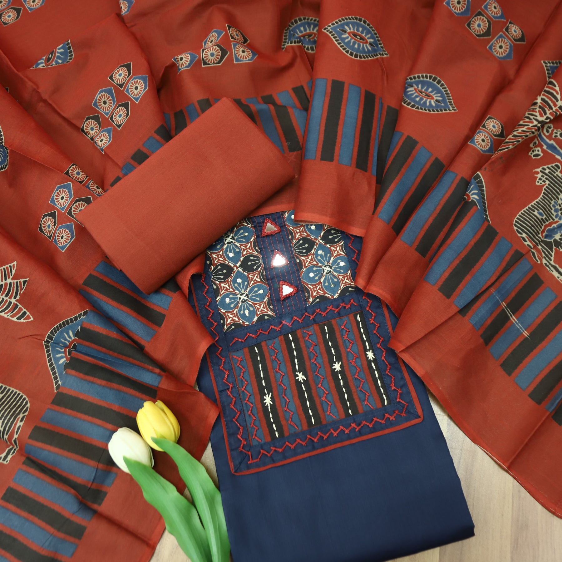Rashi Blue Kutch Yoke with Mirror Work Glazed Cotton Set Desisandook Enterprises Private Limited Rashi Blue Kutch Yoke with Mirror Work Glazed Cotton Set Desisandook Enterprises Private Limited