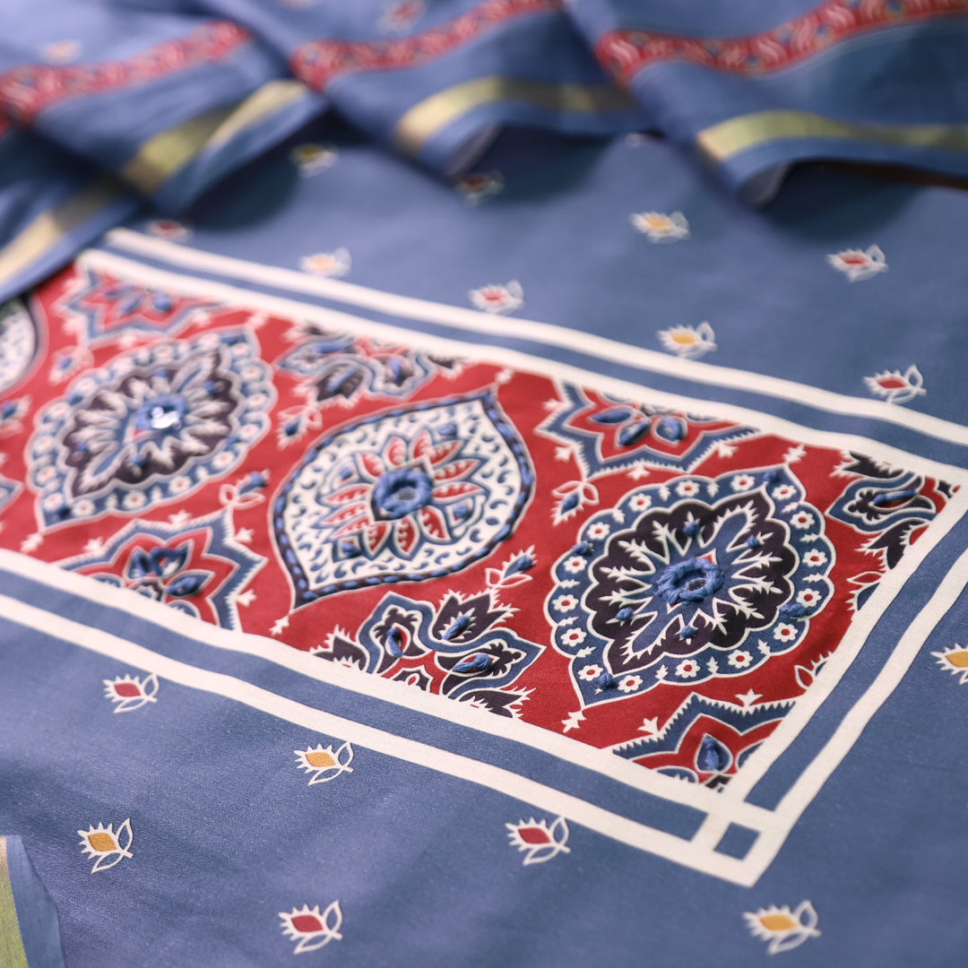 Riyanshi Greish Blue Ajrak Printed Neck and Hem Jam Cotton Set