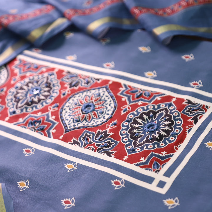 Riyanshi Greish Blue Ajrak Printed Neck and Hem Jam Cotton Set