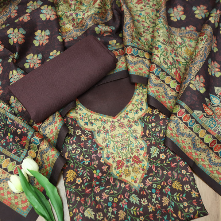 सिन्दूरी Chocolate Brown Digital Kashmiri Printed Semi Pashmina Winter Suit Set