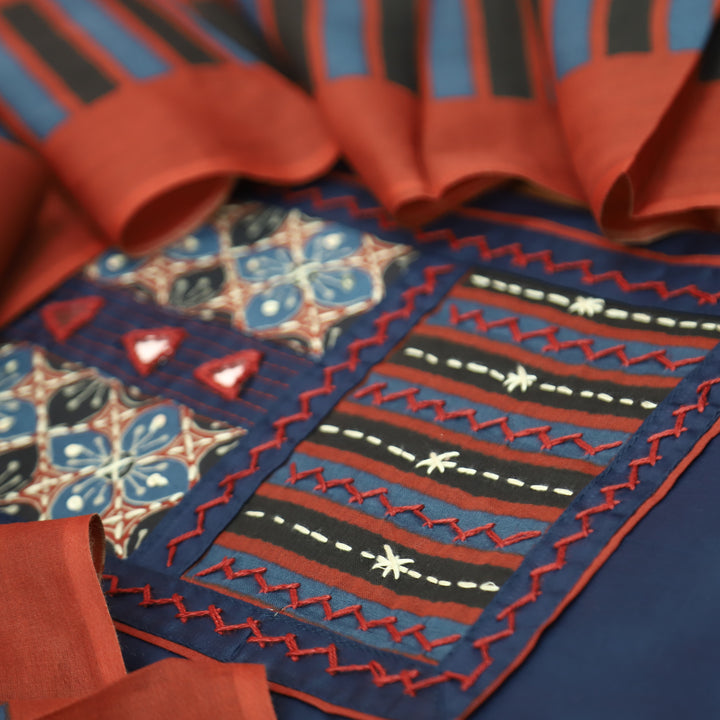 Rashi Blue Kutch Yoke with Mirror Work Glazed Cotton Set