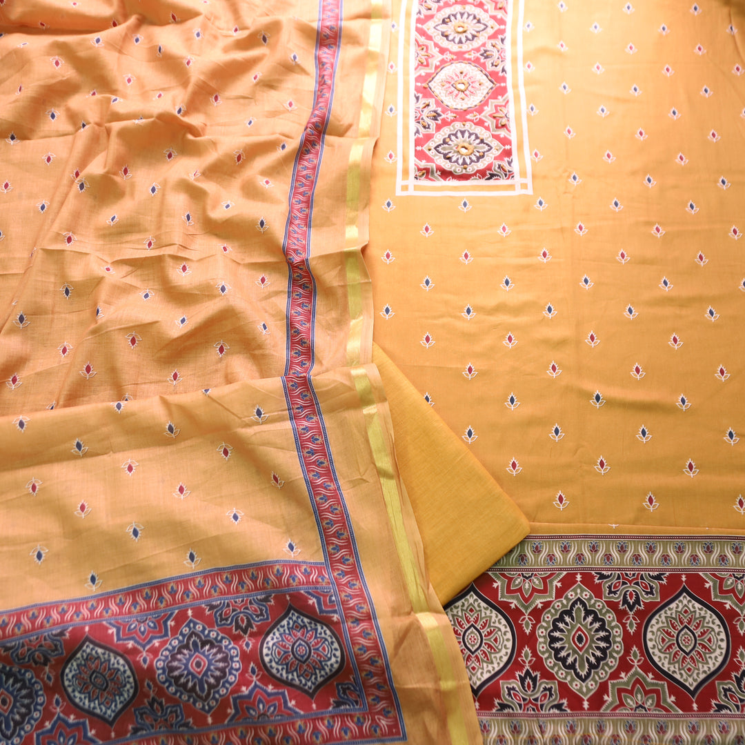 Riyanshi Dandelion Yellow Ajrak Printed Neck and Hem Jam Cotton Set
