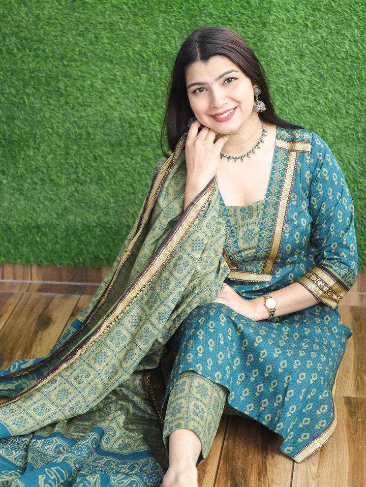 Nancy Aqua Teal V Neck with Mangalgiri Patch Kantha Printed South Cotton 3 Piece Set