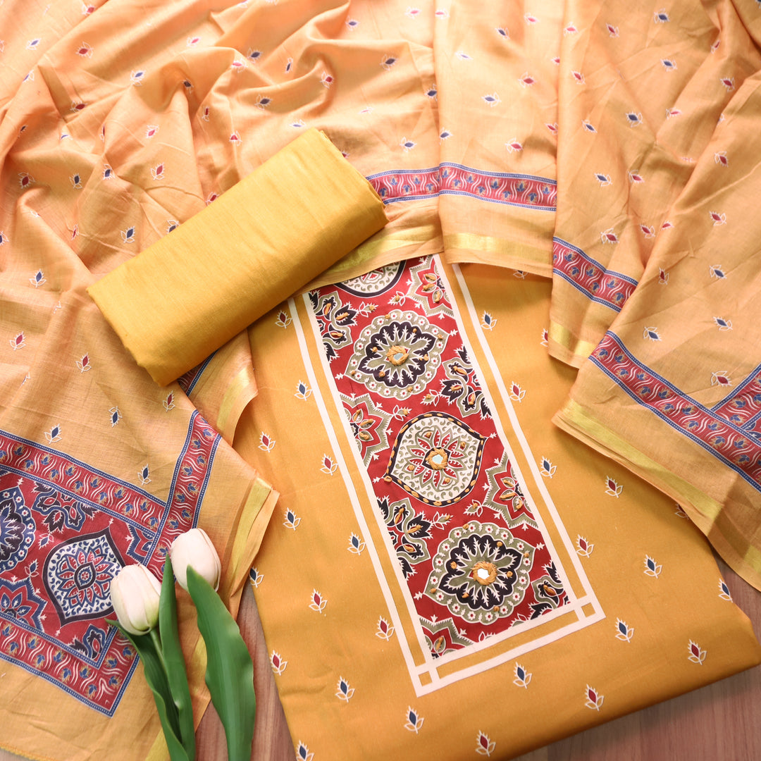 Riyanshi Dandelion Yellow Ajrak Printed Neck and Hem Jam Cotton Set