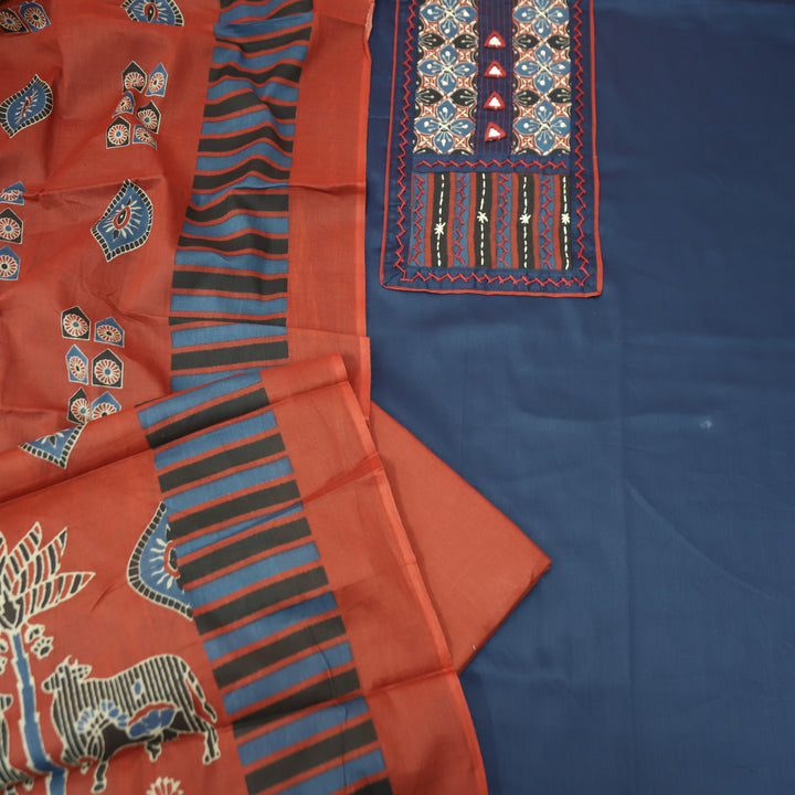 Rashi Blue Kutch Yoke with Mirror Work Glazed Cotton Set