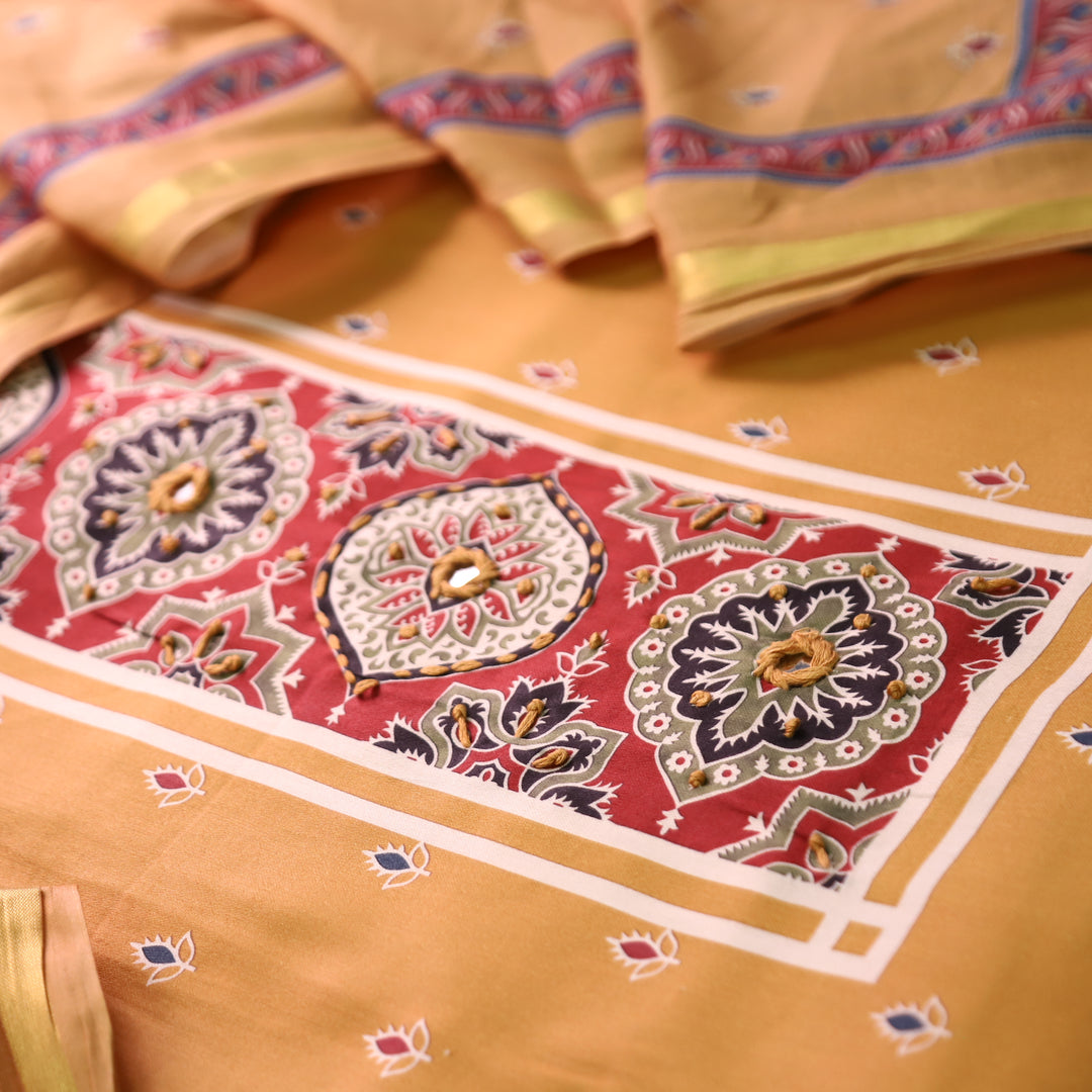 Riyanshi Dandelion Yellow Ajrak Printed Neck and Hem Jam Cotton Set