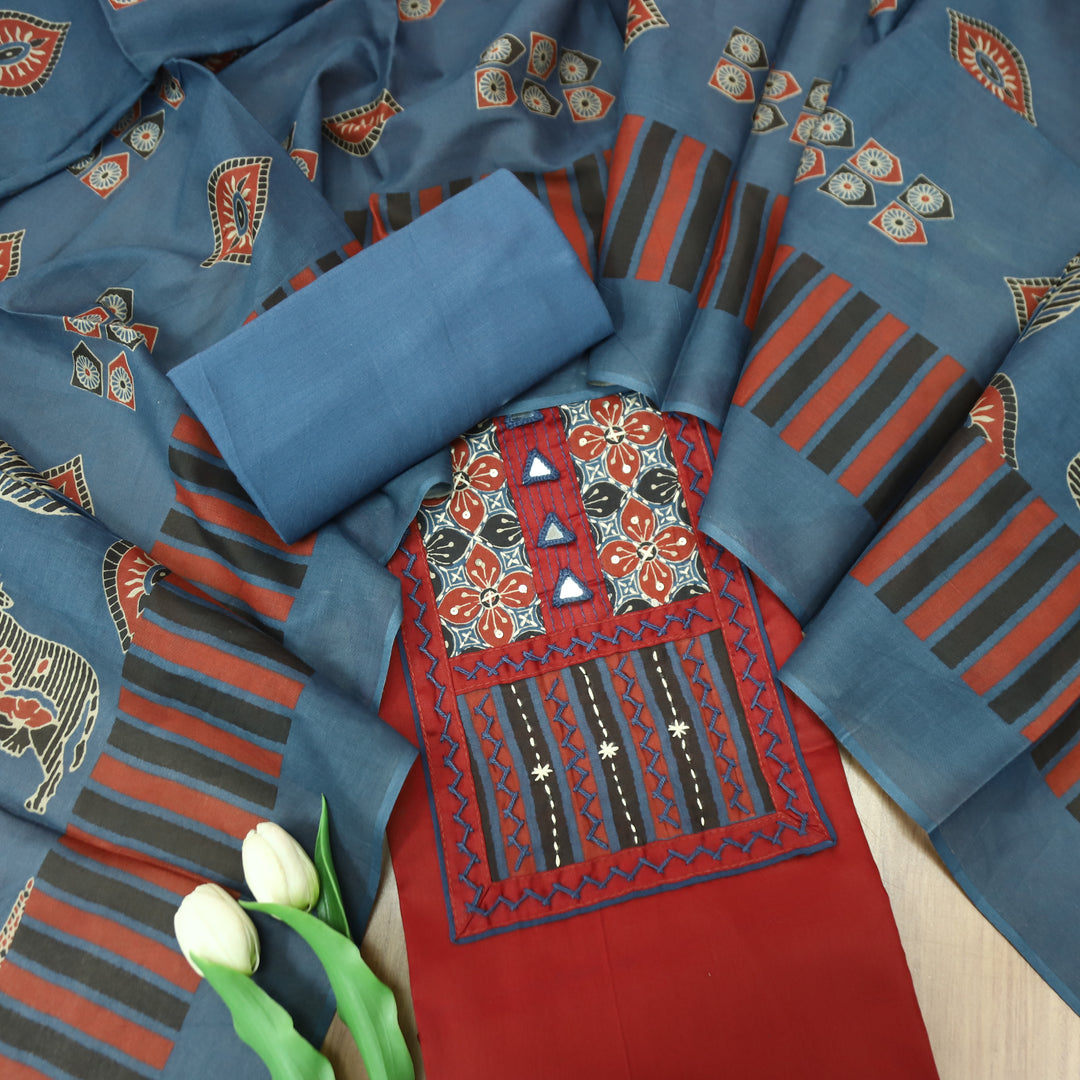 Rashi Red Kutch Yoke with Mirror Work Glazed Cotton Set