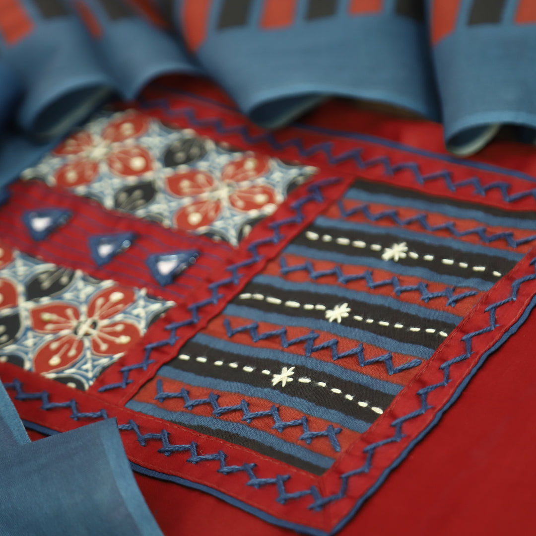 Rashi Red Kutch Yoke with Mirror Work Glazed Cotton Set