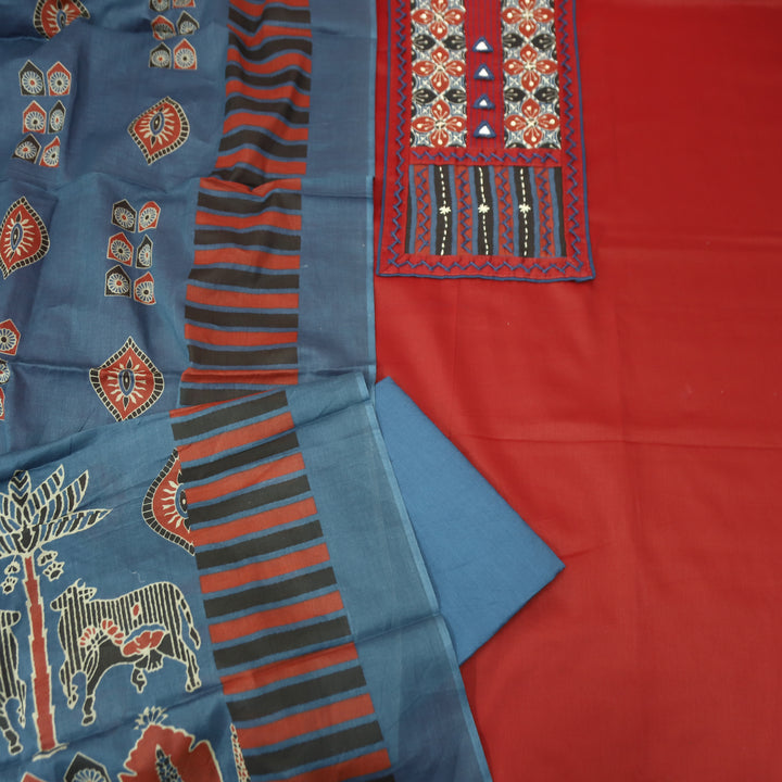 Rashi Red Kutch Yoke with Mirror Work Glazed Cotton Set