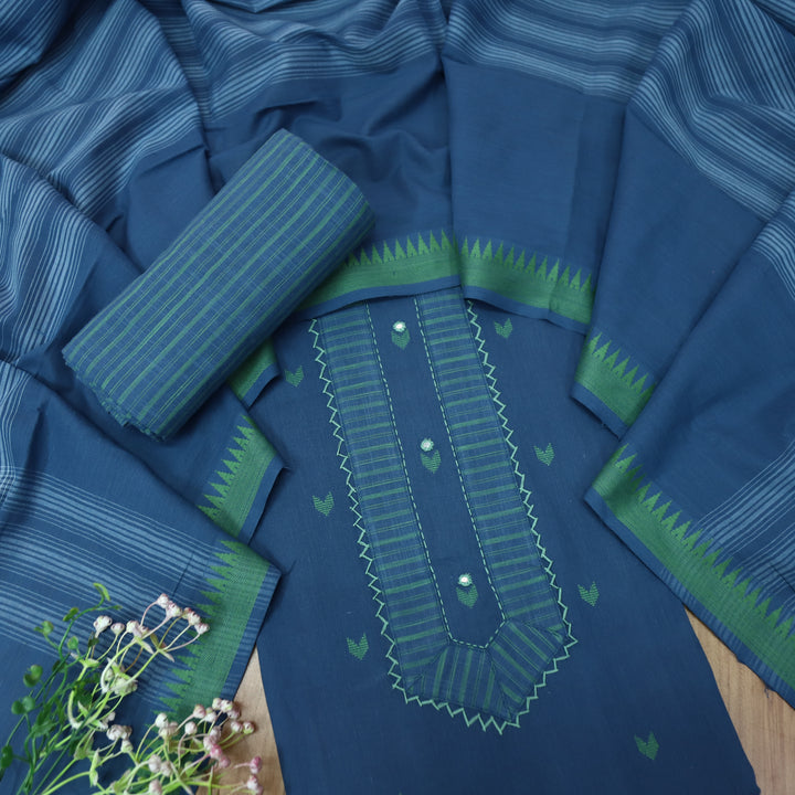 Vaishnavi Prussian Blue Patch with All Over Thread Weaved Buti Work South Cotton Set