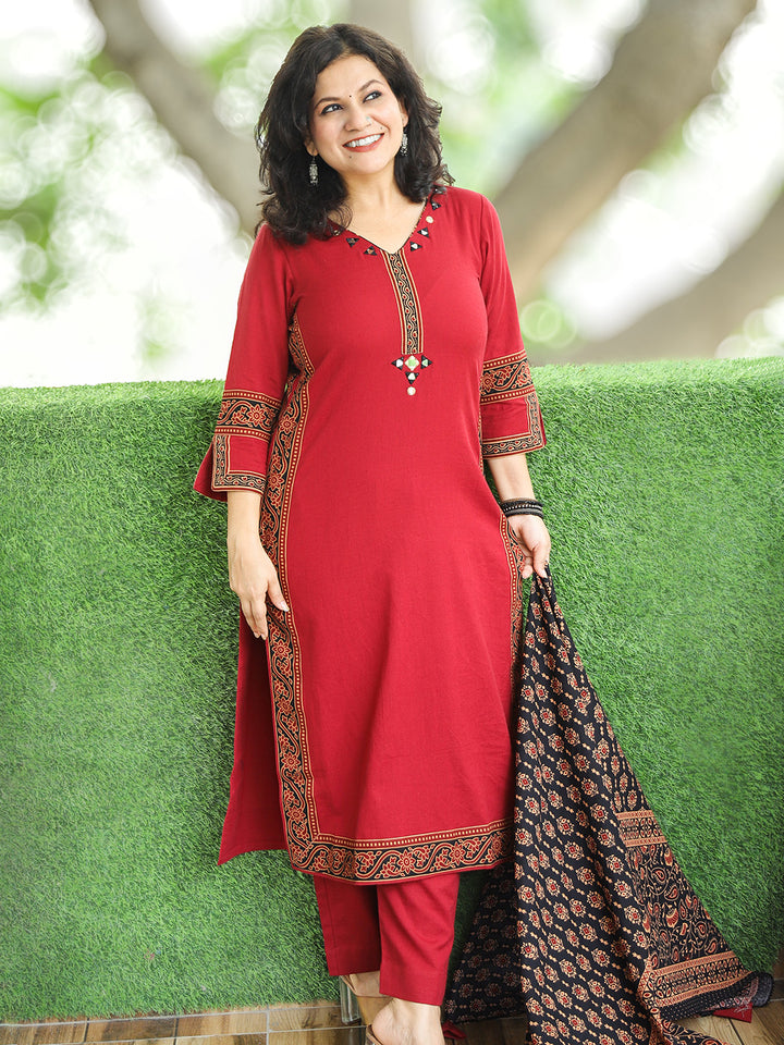 Veda Berry Red Ajrak Printed Border Work Cotton 3 Piece Set