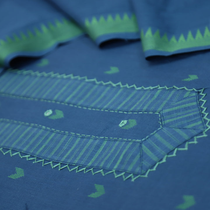 Vaishnavi Prussian Blue Patch with All Over Thread Weaved Buti Work South Cotton Set