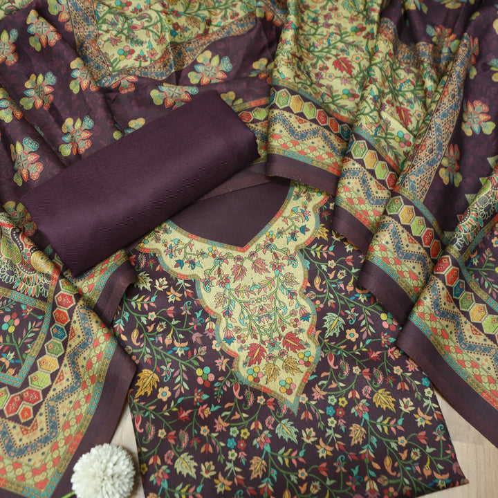 सिन्दूरी Raisin Purple Digital Kashmiri Printed Semi Pashmina Winter Suit Set