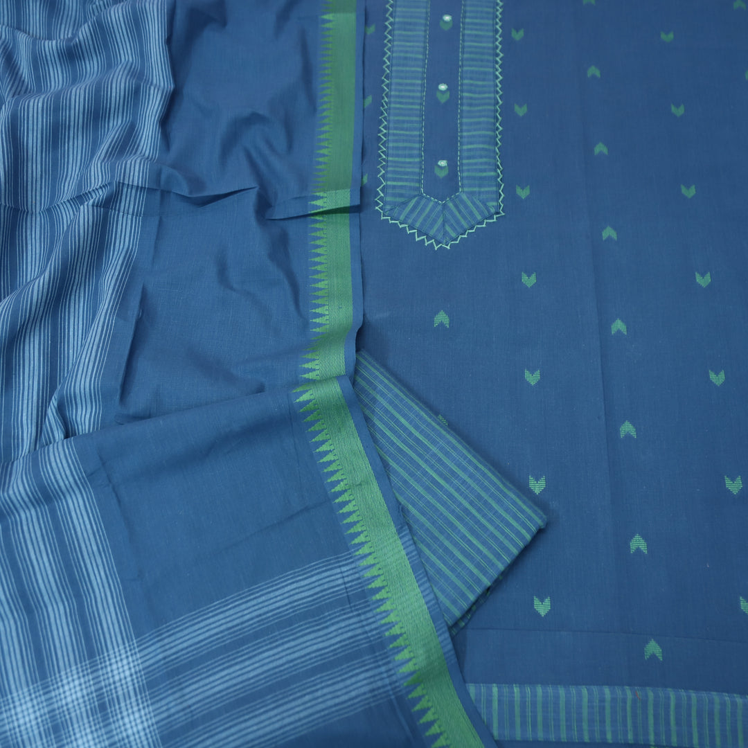 Vaishnavi Prussian Blue Patch with All Over Thread Weaved Buti Work South Cotton Set
