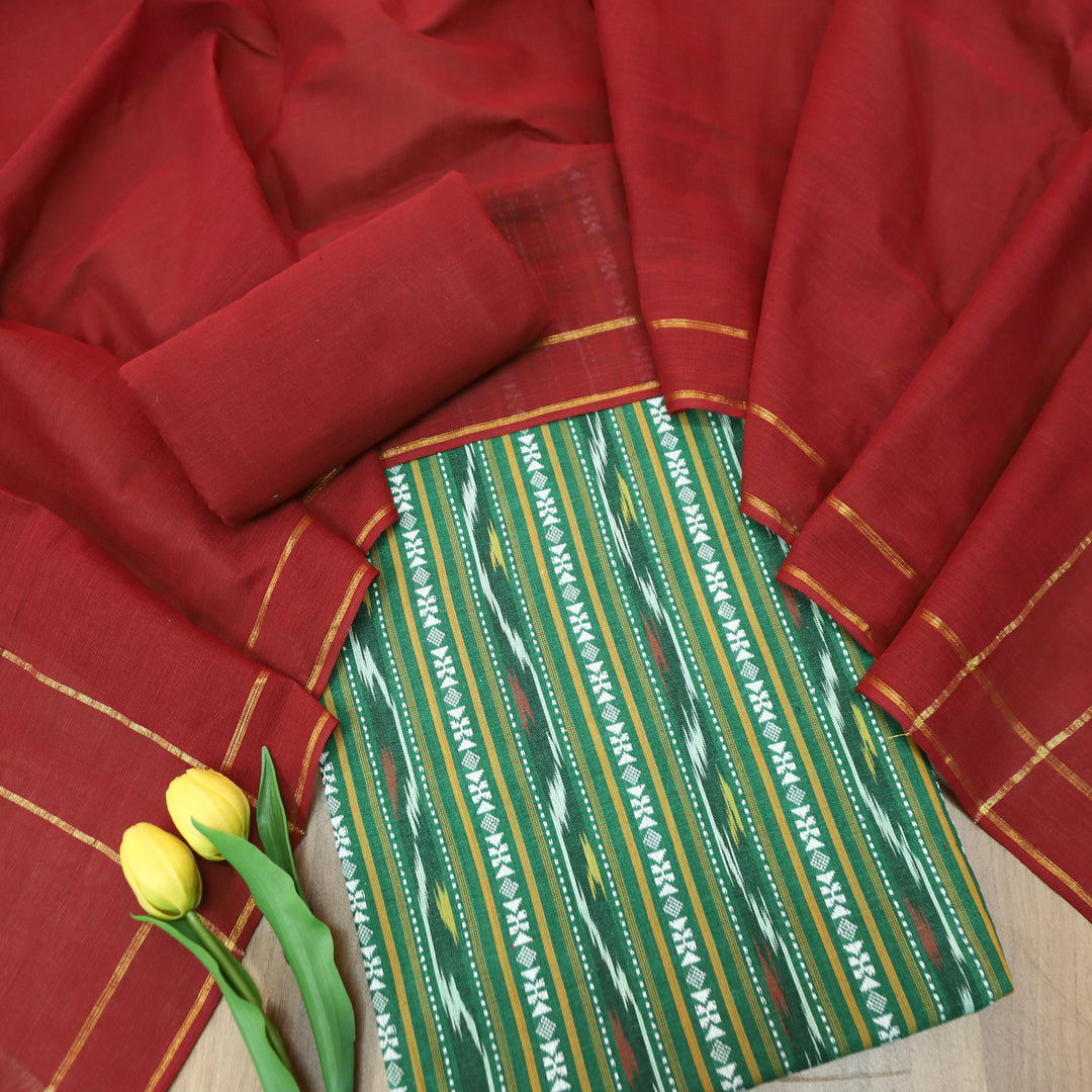 Droupadi Mohito Green All Over Thread and Sambhalpuri Ikkat Style Weaved Cotton Set